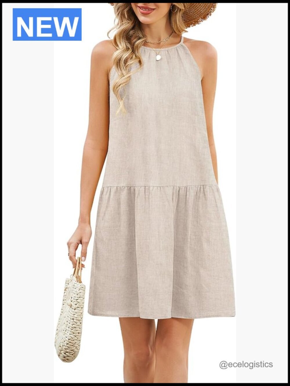 100% Linen Halter Neck Sleeveless Ruffle Midi Summer Dress Casual Beach